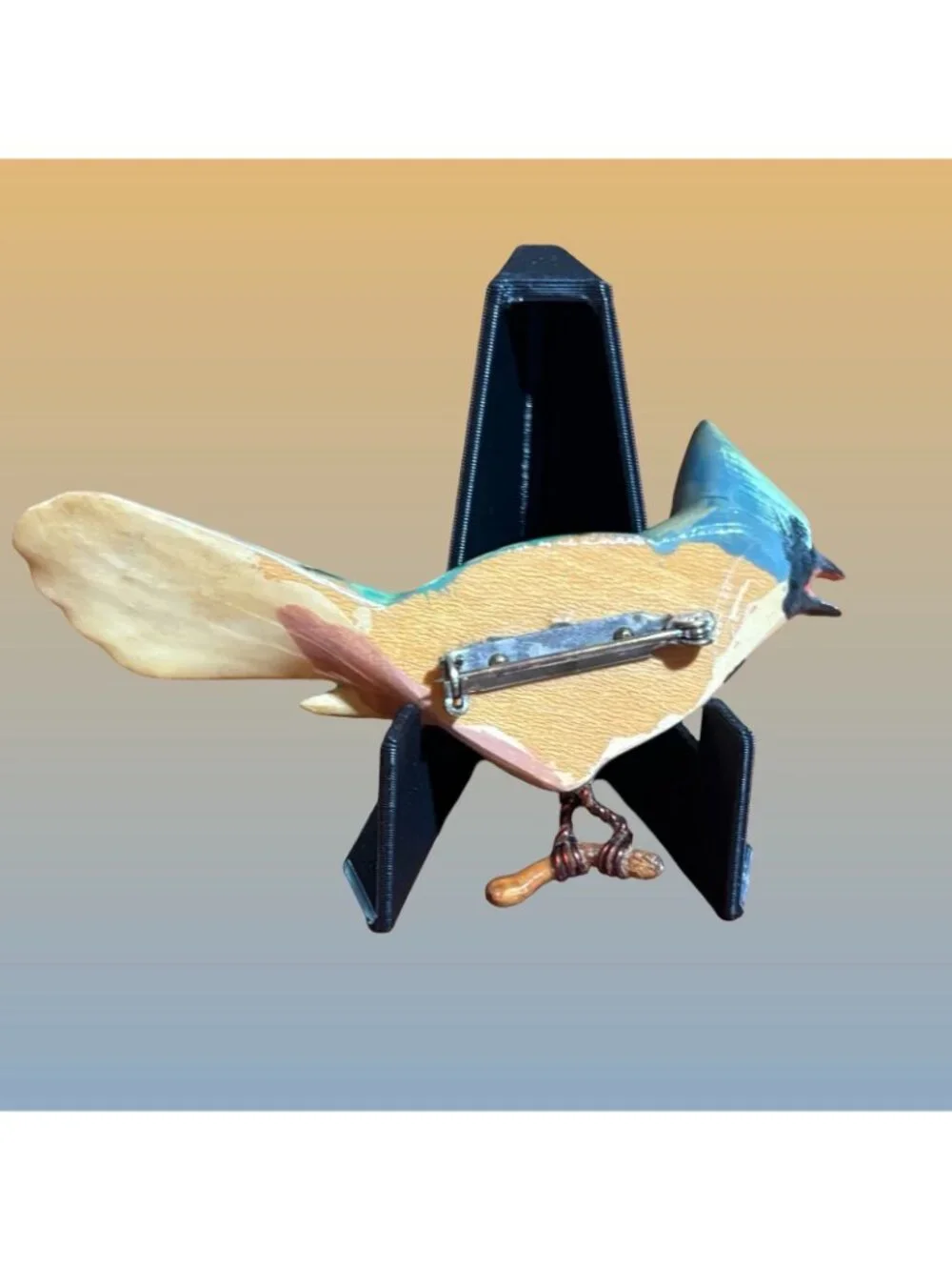 Takahashi Style Hand Painted Wood Blue Jay Bird Brooch Figural Pin Vintage Gift